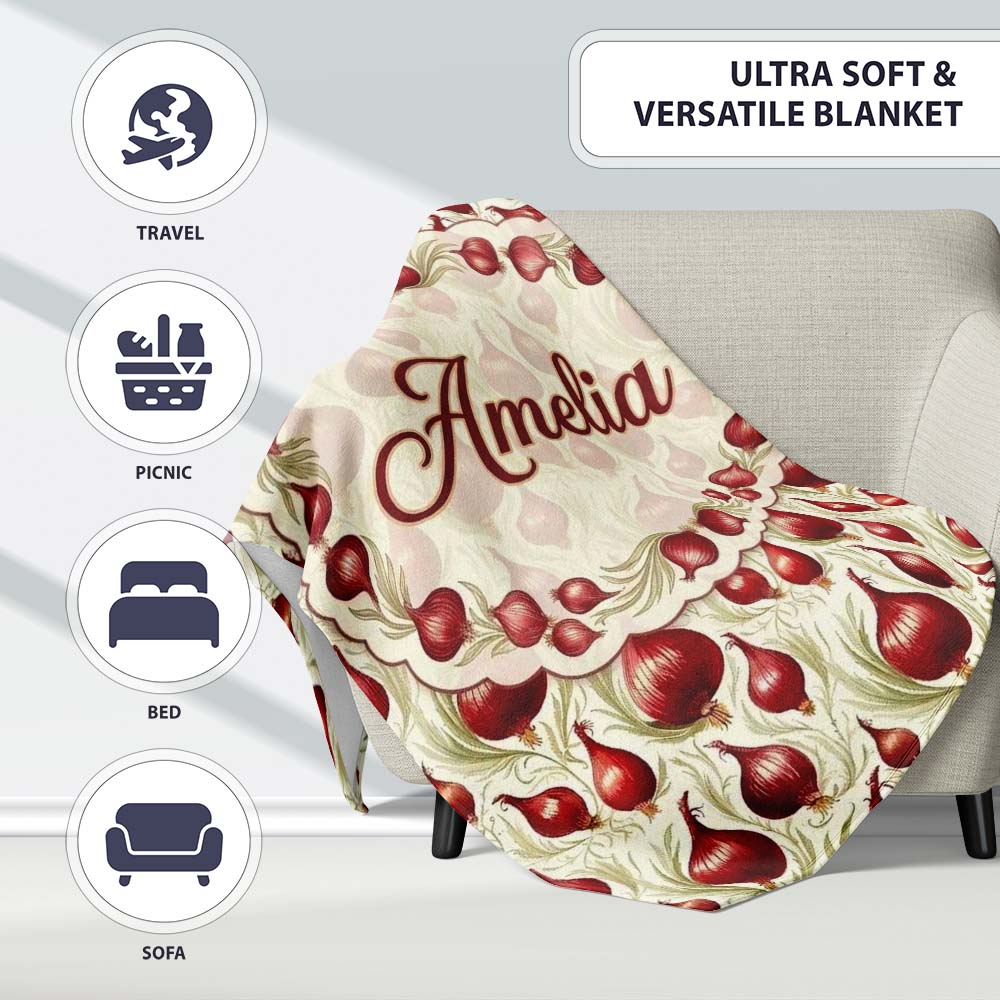 Red Onion Botanical Seamless Pattern Vintage Farmhouse Style Design  Personalised Custom Name Super Soft Fleece Blanket Bed Sofa Throw