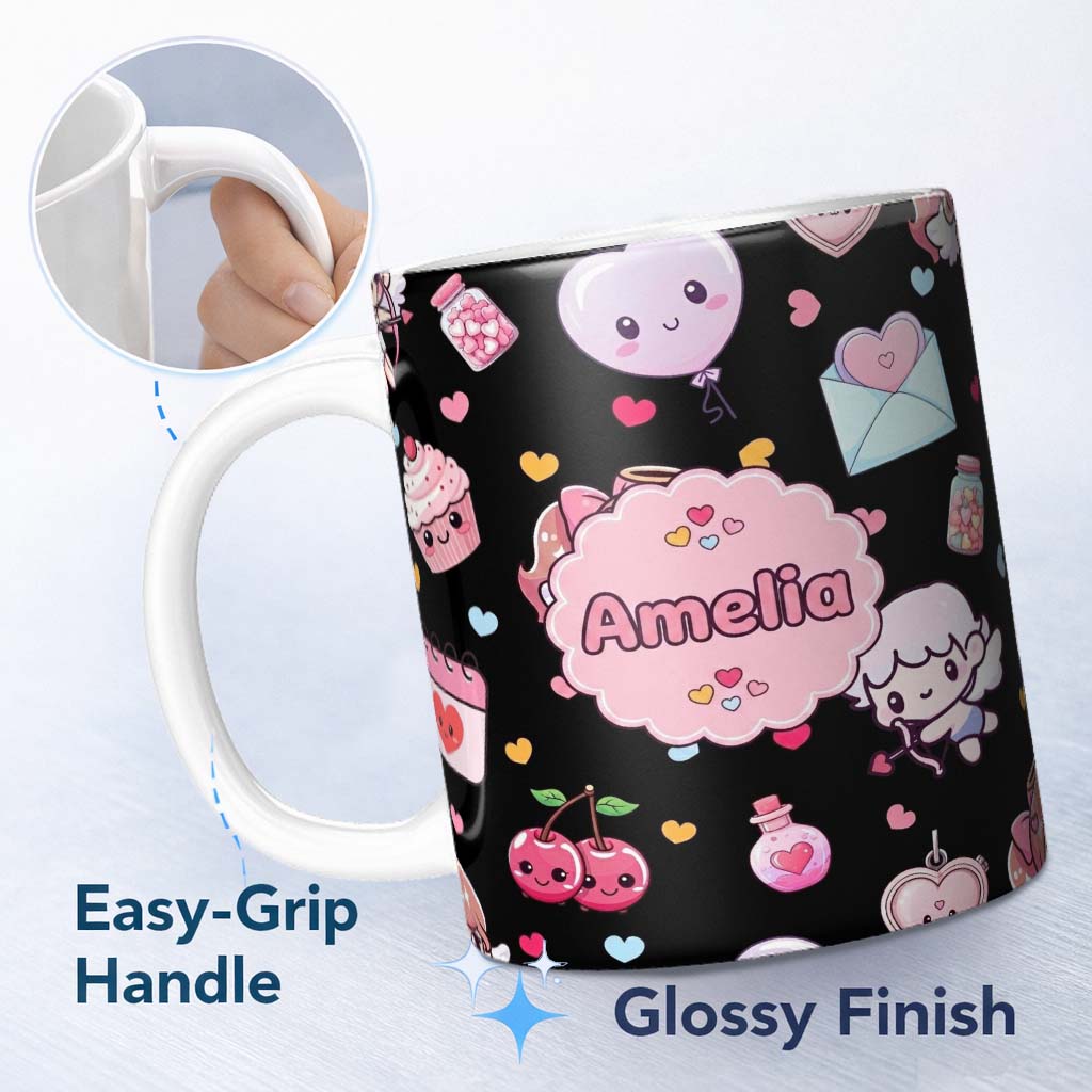 Personalized Custom Name Cute Cupid Angels Hearts Sweets Balloon Love Elements Pattern Black 11oz Ceramic Coffee Tea Mug White Large Handle