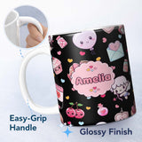 Personalized Custom Name Cute Cupid Angels Hearts Sweets Balloon Love Elements Pattern Black 11oz Ceramic Coffee Tea Mug White Large Handle