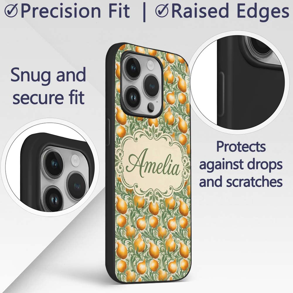Ornate Golden Onion Vine Pattern Printed Design Custom Name Protective Phone Case Mobile Cover Durable Everyday Smartphone Shock Resistant