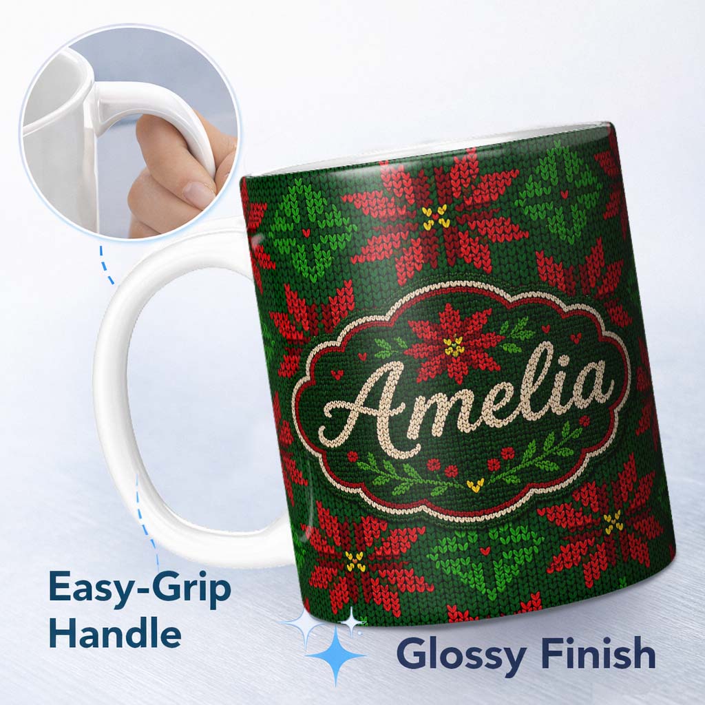 Personalized Custom Name Festive Holly Leaf Berry Knit Pattern Green Red Christmas Seamless 11oz Ceramic Coffee Tea Mug White Large Handle