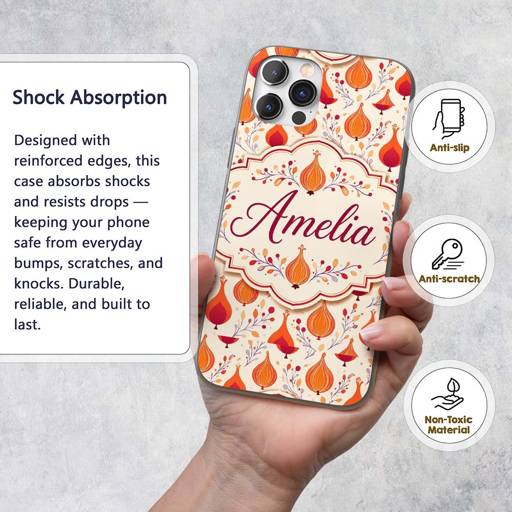 Bright Orange Onion Seamless Pattern Modern Folk Custom Name Protective Phone Case Mobile Cover Durable Everyday Smartphone Shock Resistant