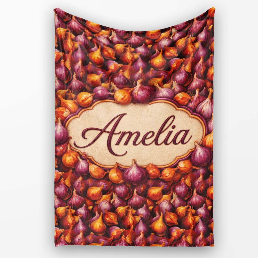 Rich Onion Harvest Seamless Pattern Deep Red and Gold Rustic Style  Personalised Custom Name Super Soft Fleece Blanket Bed Sofa Throw