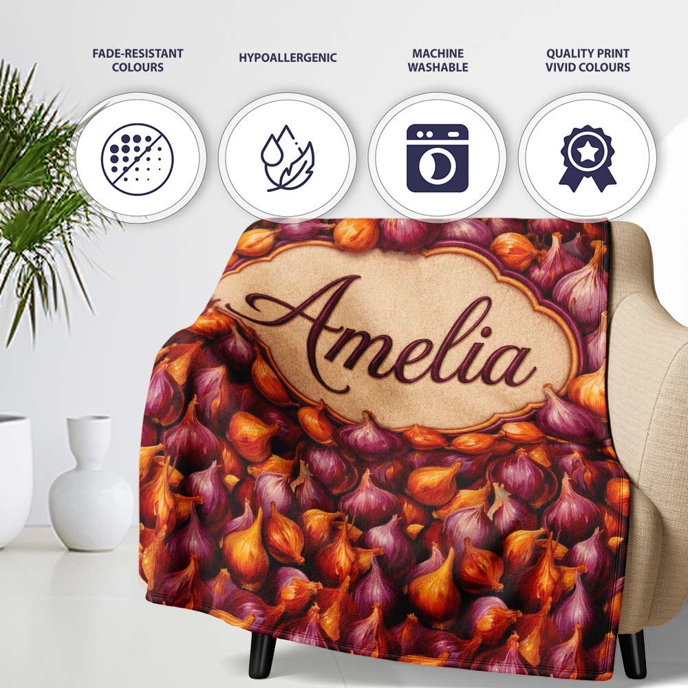 Rich Onion Harvest Seamless Pattern Deep Red and Gold Rustic Style  Personalised Custom Name Super Soft Fleece Blanket Bed Sofa Throw