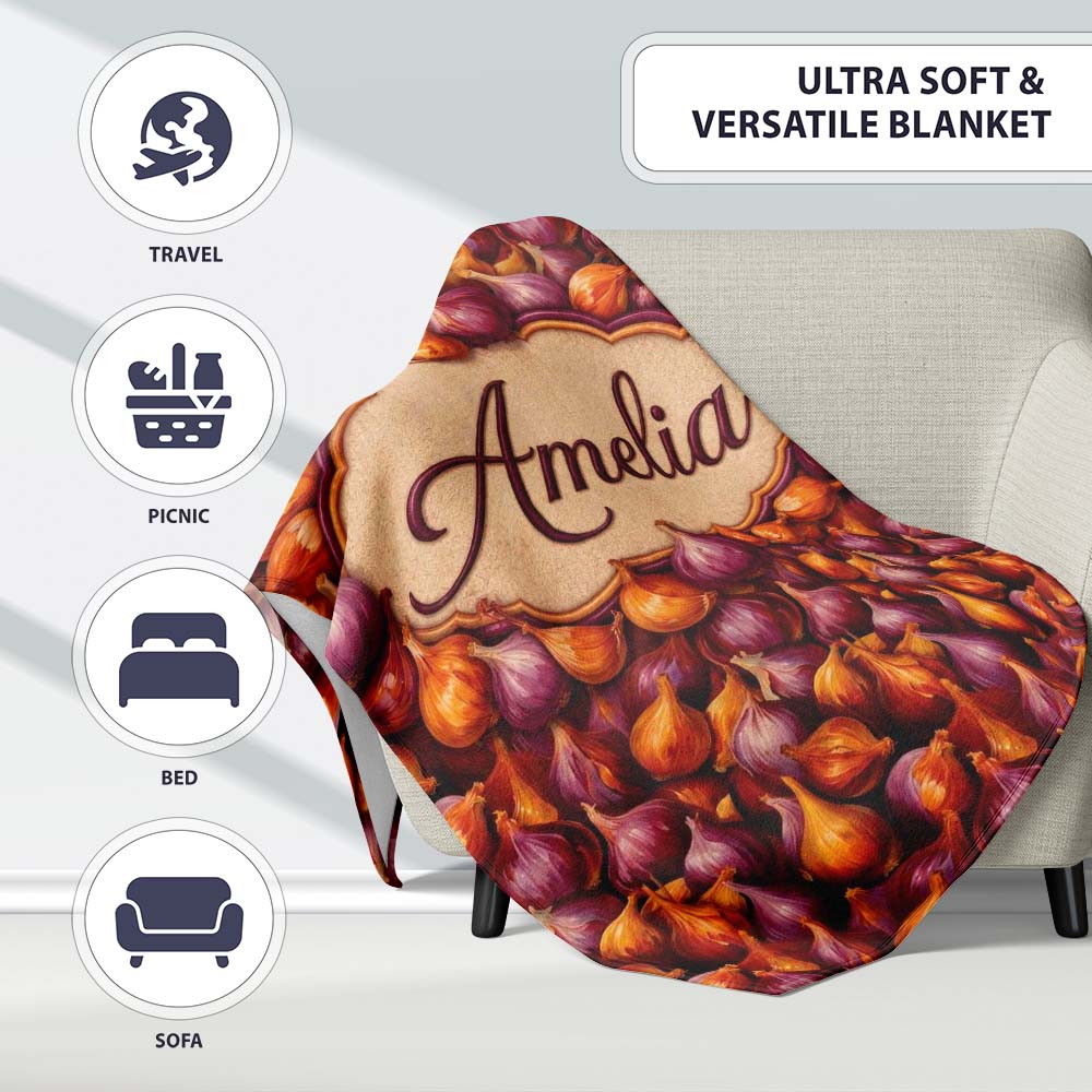 Rich Onion Harvest Seamless Pattern Deep Red and Gold Rustic Style  Personalised Custom Name Super Soft Fleece Blanket Bed Sofa Throw