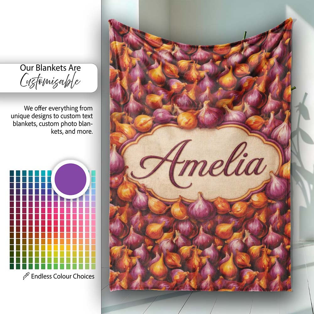 Rich Onion Harvest Seamless Pattern Deep Red and Gold Rustic Style  Personalised Custom Name Super Soft Fleece Blanket Bed Sofa Throw