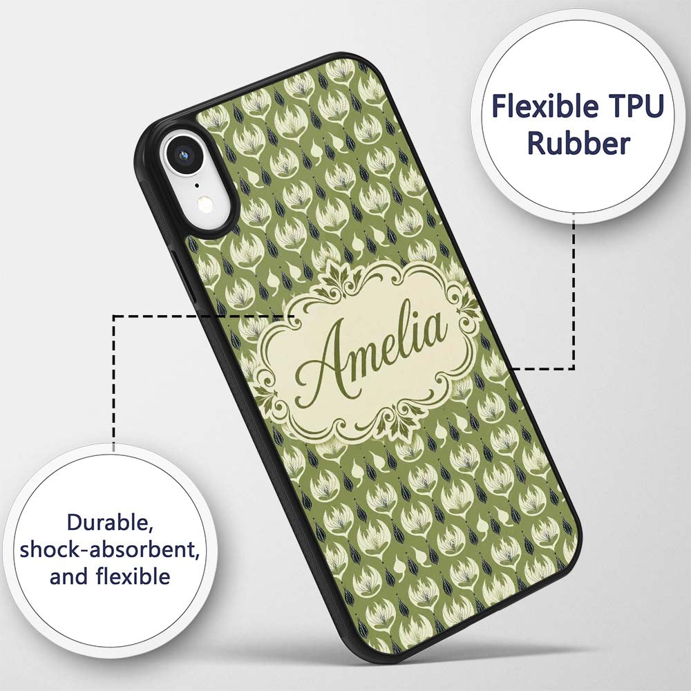 Olive Green Abstract Onion Floral Pattern Mid Custom Name Protective Phone Case Mobile Cover Durable Everyday Smartphone Shock Resistant