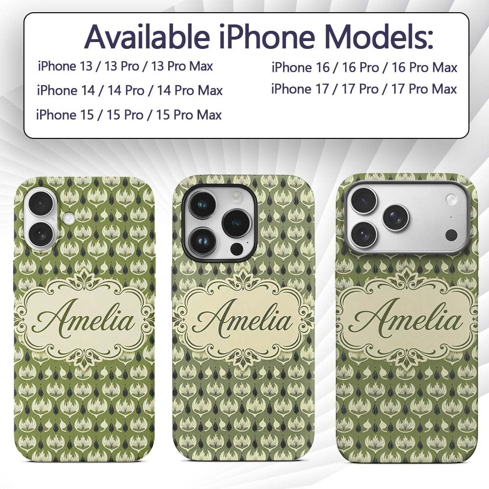 Olive Green Abstract Onion Floral Pattern Mid Custom Name Protective Phone Case Mobile Cover Durable Everyday Smartphone Shock Resistant