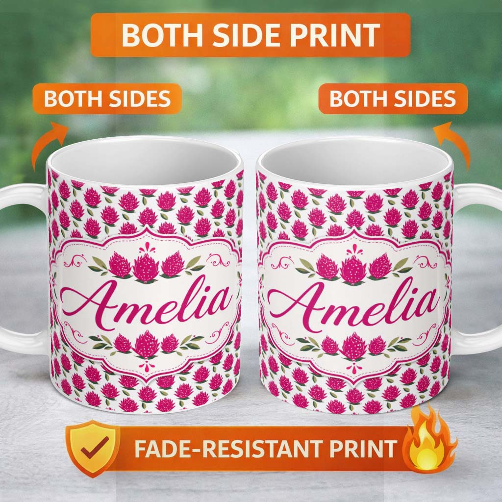 Personalized Custom Name Stylized Dragon Fruit Botanical Seamless Pattern Cute Unique Gift 11oz Ceramic Coffee Tea Mug White Large Handle