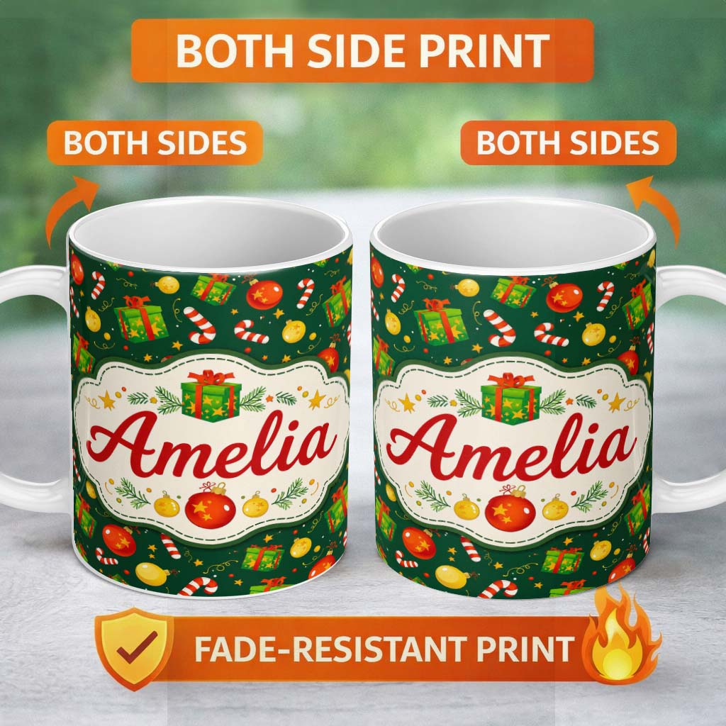 Personalized Custom Name Christmas Gift Box Candy Cane Ornament Seamless Pattern Lovely 11oz Ceramic Coffee Tea Mug White Large Handle