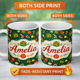 Personalized Custom Name Christmas Gift Box Candy Cane Ornament Seamless Pattern Lovely 11oz Ceramic Coffee Tea Mug White Large Handle