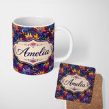 Personalized Custom Name Vibrant Multicolour Fantasy Floral Seamless Pattern Cute Unique Gift 11oz Ceramic Coffee Tea Mug White Large Handle