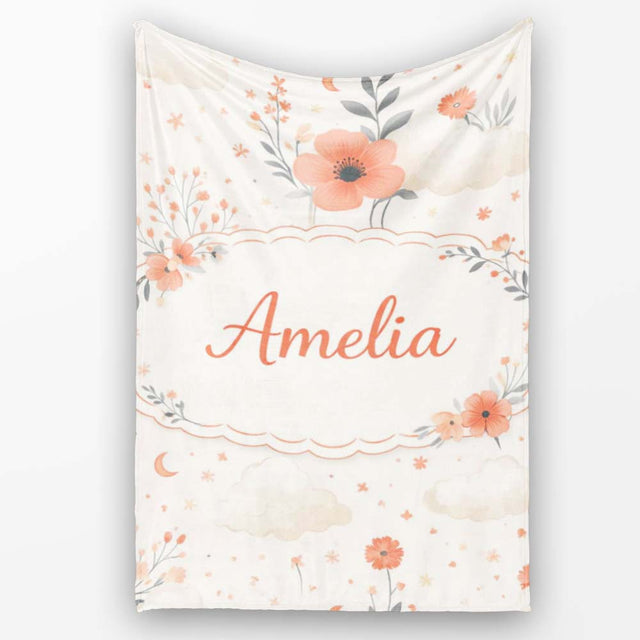 Watercolour Floral Cloud Pattern Soft Peach Tones Cute Unique Gift  Personalised Custom Name Super Soft Fleece Blanket Bed Sofa Throw