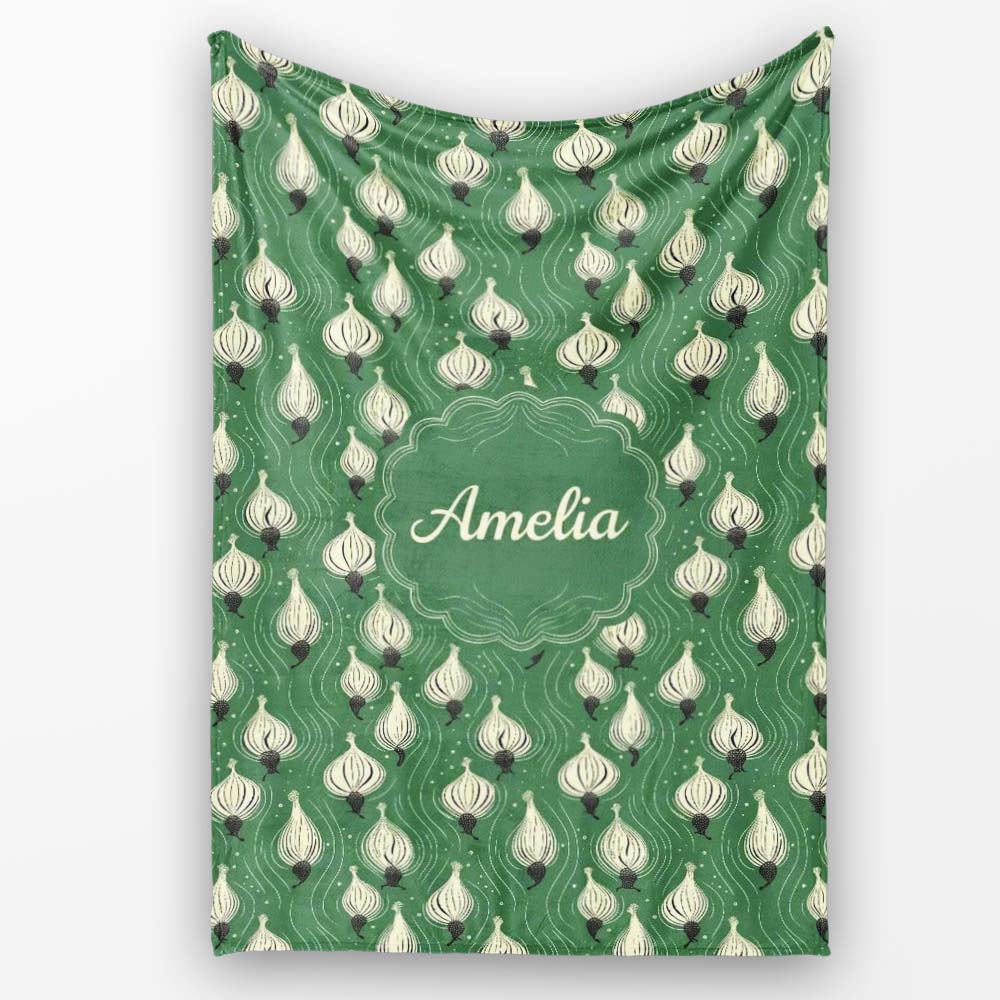 Dark Green Onion Seamless Pattern Elegant Minimal Botanical Design  Personalised Custom Name Super Soft Fleece Blanket Bed Sofa Throw