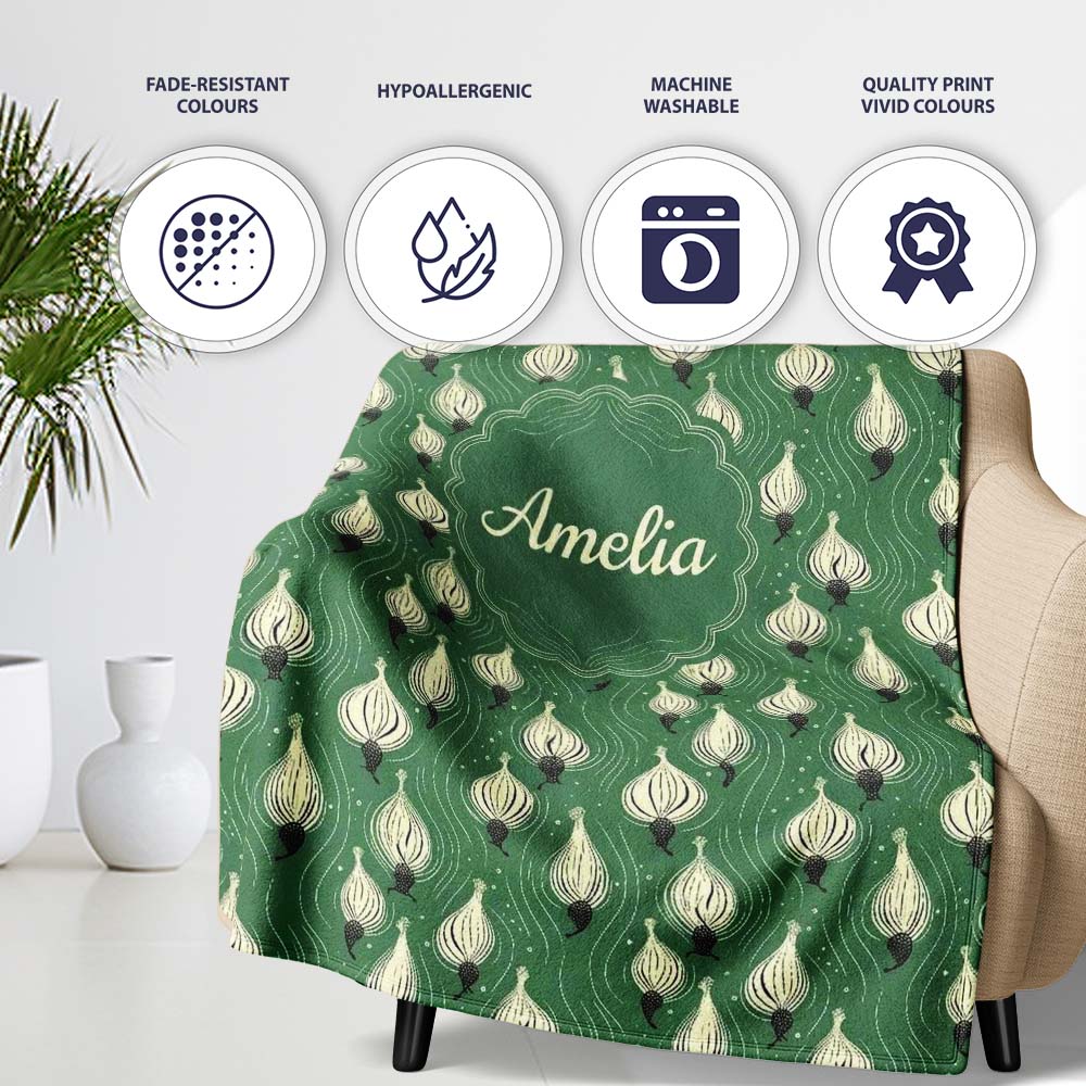 Dark Green Onion Seamless Pattern Elegant Minimal Botanical Design  Personalised Custom Name Super Soft Fleece Blanket Bed Sofa Throw