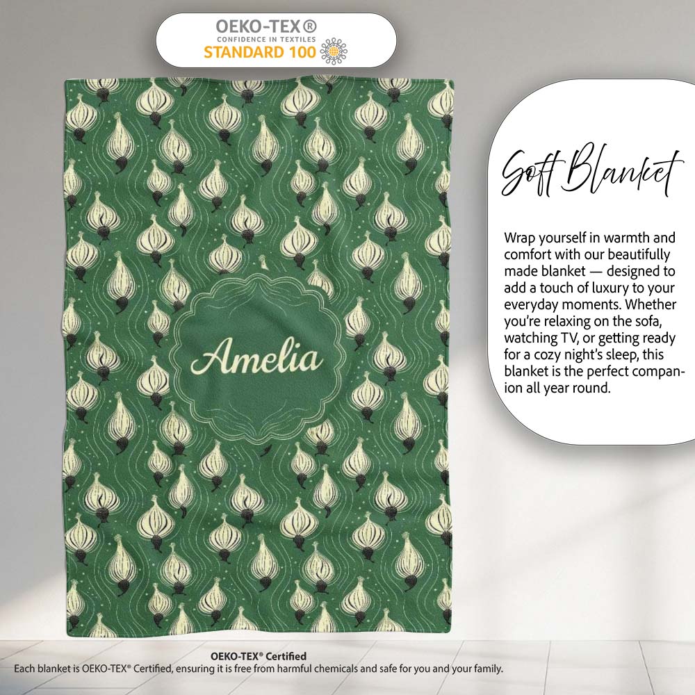 Dark Green Onion Seamless Pattern Elegant Minimal Botanical Design  Personalised Custom Name Super Soft Fleece Blanket Bed Sofa Throw