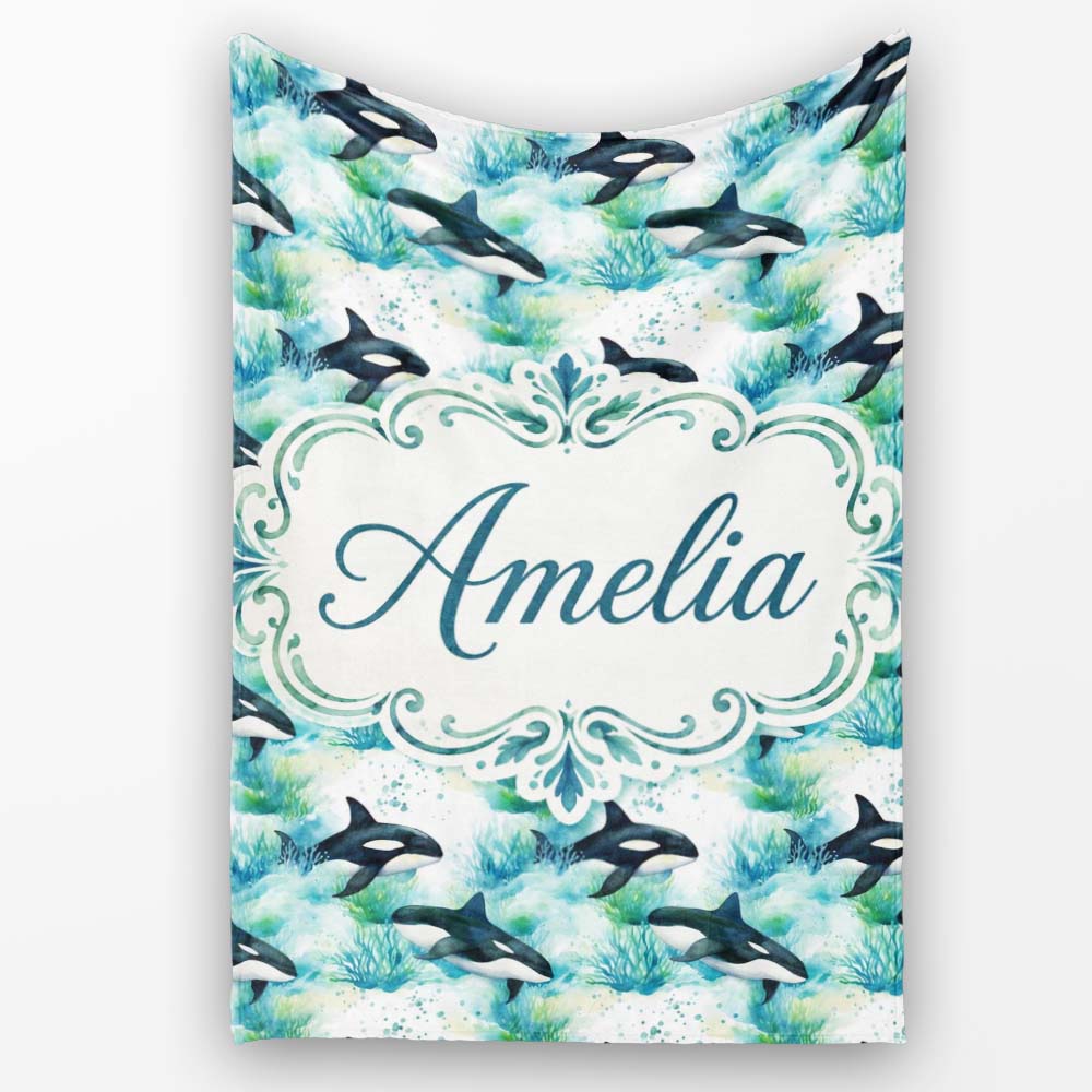 Orca Whale Forest Coastal Seamless Pattern Nature Ocean Fusion  Personalised Custom Name Super Soft Fleece Blanket Bed Sofa Throw