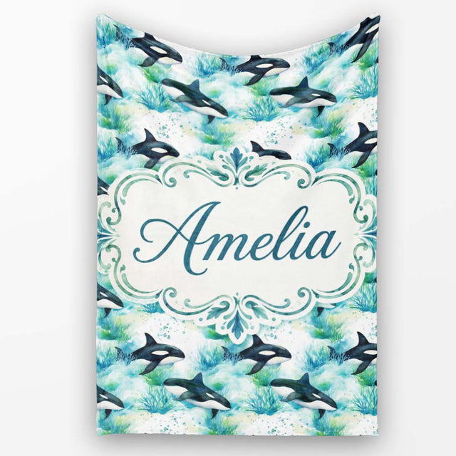 Orca Whale Forest Coastal Seamless Pattern Nature Ocean Fusion  Personalised Custom Name Super Soft Fleece Blanket Bed Sofa Throw
