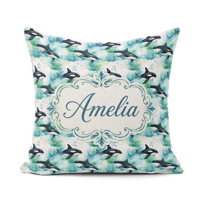 Custom Name Whale Forest Coastal Seamless Pattern Nature Fusion Square Filled Cushion Throw Pillow Sofa Bed Home Decor Zip Washable UK Made