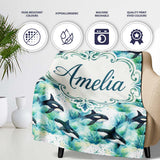 Orca Whale Forest Coastal Seamless Pattern Nature Ocean Fusion  Personalised Custom Name Super Soft Fleece Blanket Bed Sofa Throw