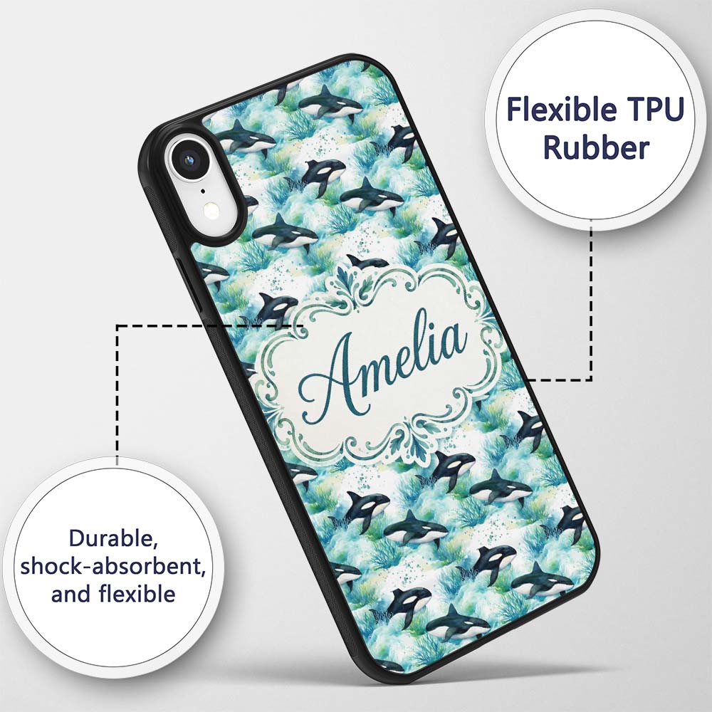 Orca Whale Forest Coastal Seamless Pattern Nature Custom Name Protective Phone Case Mobile Cover Durable Everyday Smartphone Shock Resistant