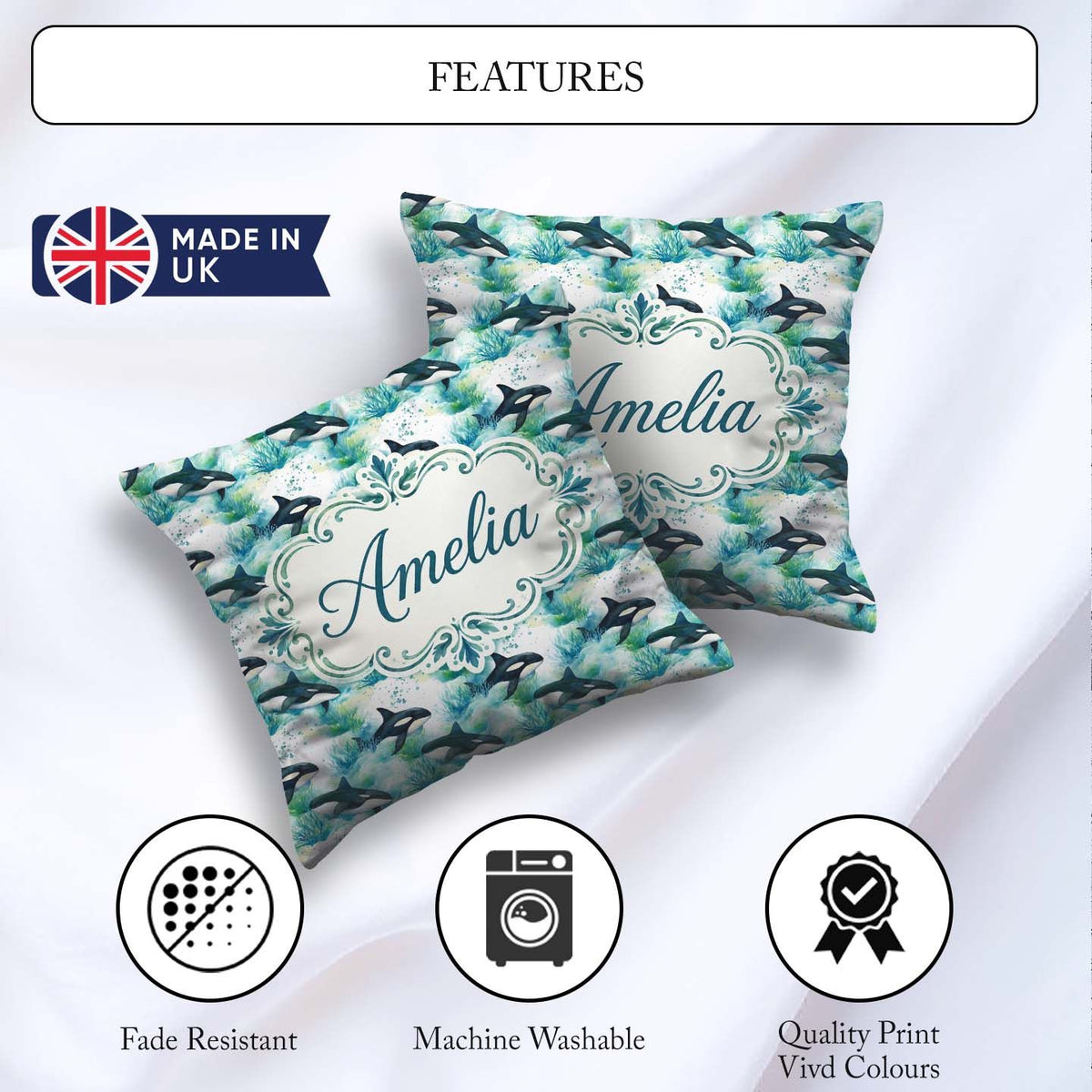 Custom Name Whale Forest Coastal Seamless Pattern Nature Fusion Square Filled Cushion Throw Pillow Sofa Bed Home Decor Zip Washable UK Made