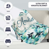 Orca Whale Forest Coastal Seamless Pattern Nature Ocean Fusion  Personalised Custom Name Super Soft Fleece Blanket Bed Sofa Throw