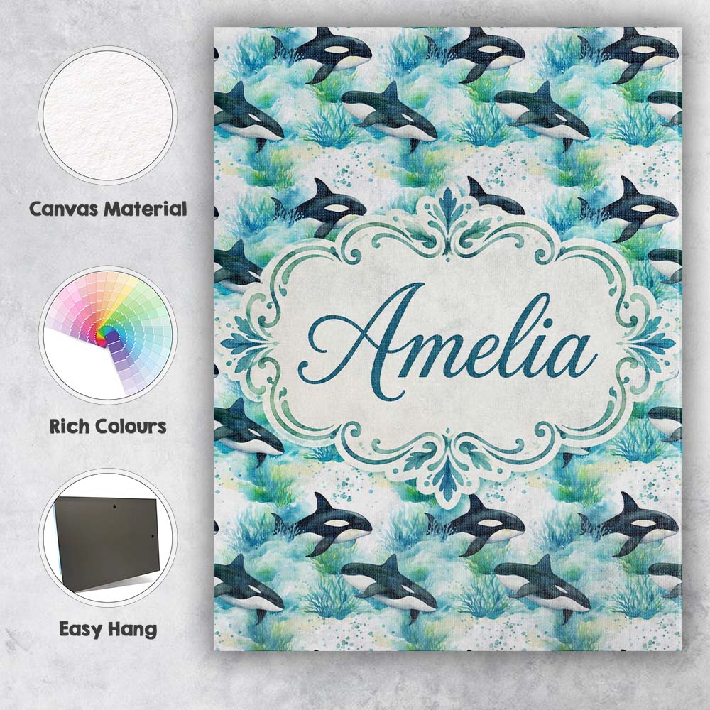 Personalised Name Orca Whale Forest Coastal Custom  Bespoke Interior Contemporary Canvas Wall Art Print Decor Picture Ready to Hang