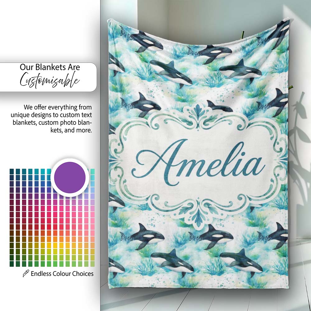 Orca Whale Forest Coastal Seamless Pattern Nature Ocean Fusion  Personalised Custom Name Super Soft Fleece Blanket Bed Sofa Throw