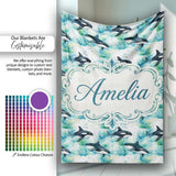 Orca Whale Forest Coastal Seamless Pattern Nature Ocean Fusion  Personalised Custom Name Super Soft Fleece Blanket Bed Sofa Throw