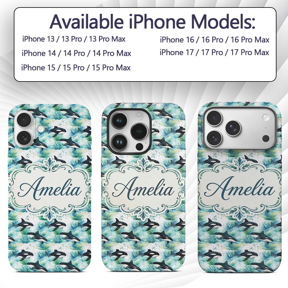 Orca Whale Forest Coastal Seamless Pattern Nature Custom Name Protective Phone Case Mobile Cover Durable Everyday Smartphone Shock Resistant
