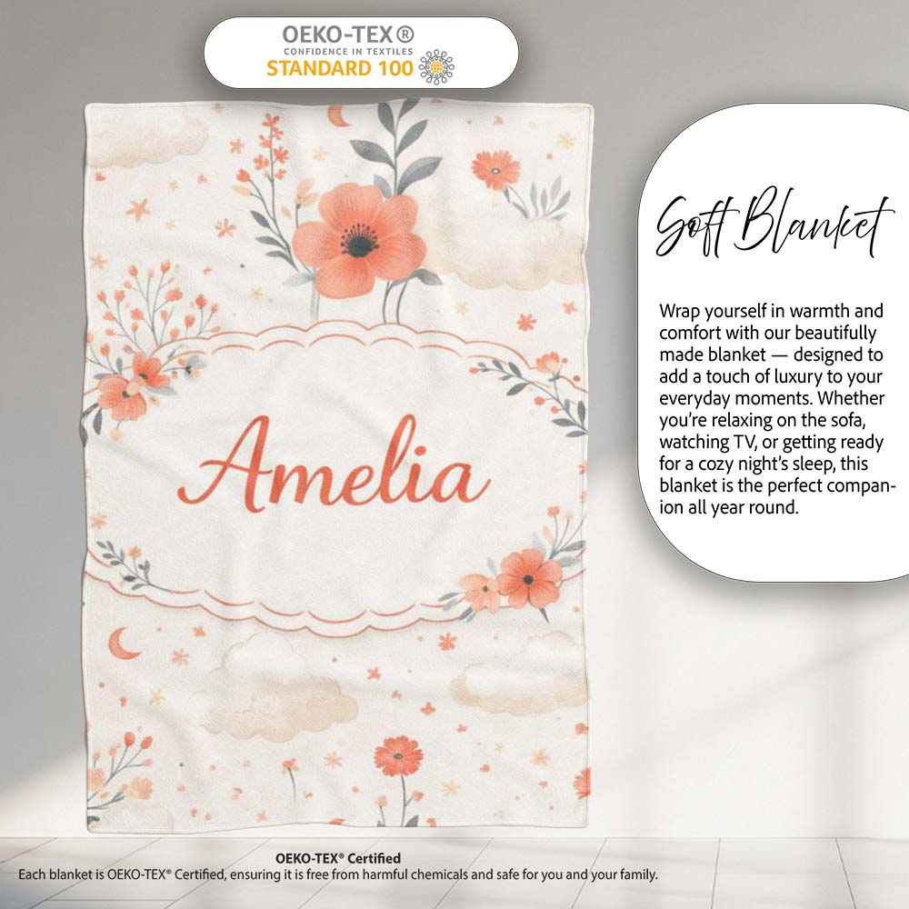 Watercolour Floral Cloud Pattern Soft Peach Tones Cute Unique Gift  Personalised Custom Name Super Soft Fleece Blanket Bed Sofa Throw