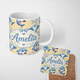 Personalized Custom Name Cute Dolphins Stingrays and Starfish Ocean Animals Seamless Pattern 11oz Ceramic Coffee Tea Mug White Large Handle