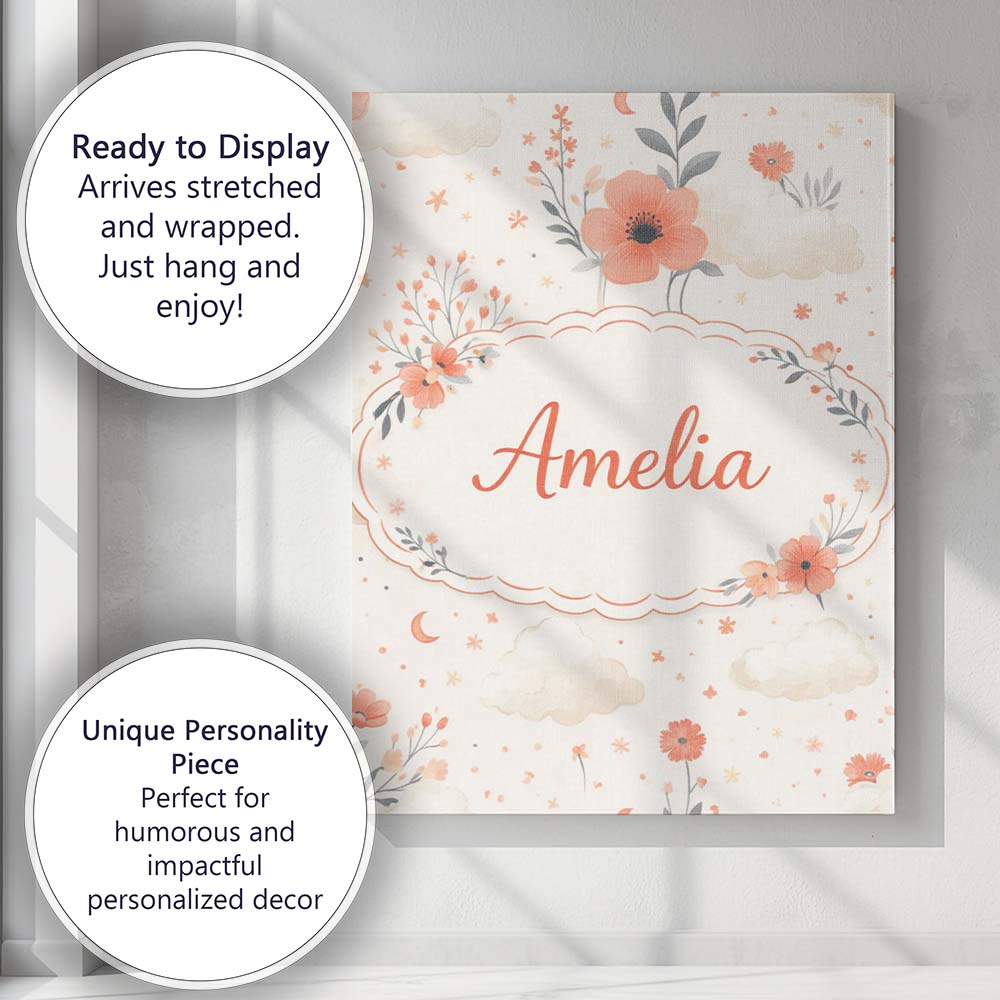 Personalised Name Watercolour Floral Cloud Pattern Soft Peach Tones Custom Canvas Wall Art Print Decor Picture Ready to Hang