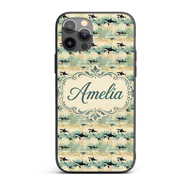 Orca Whale River and Woodland Seamless Pattern Custom Name Protective Phone Case Mobile Cover Durable Everyday Smartphone Shock Resistant
