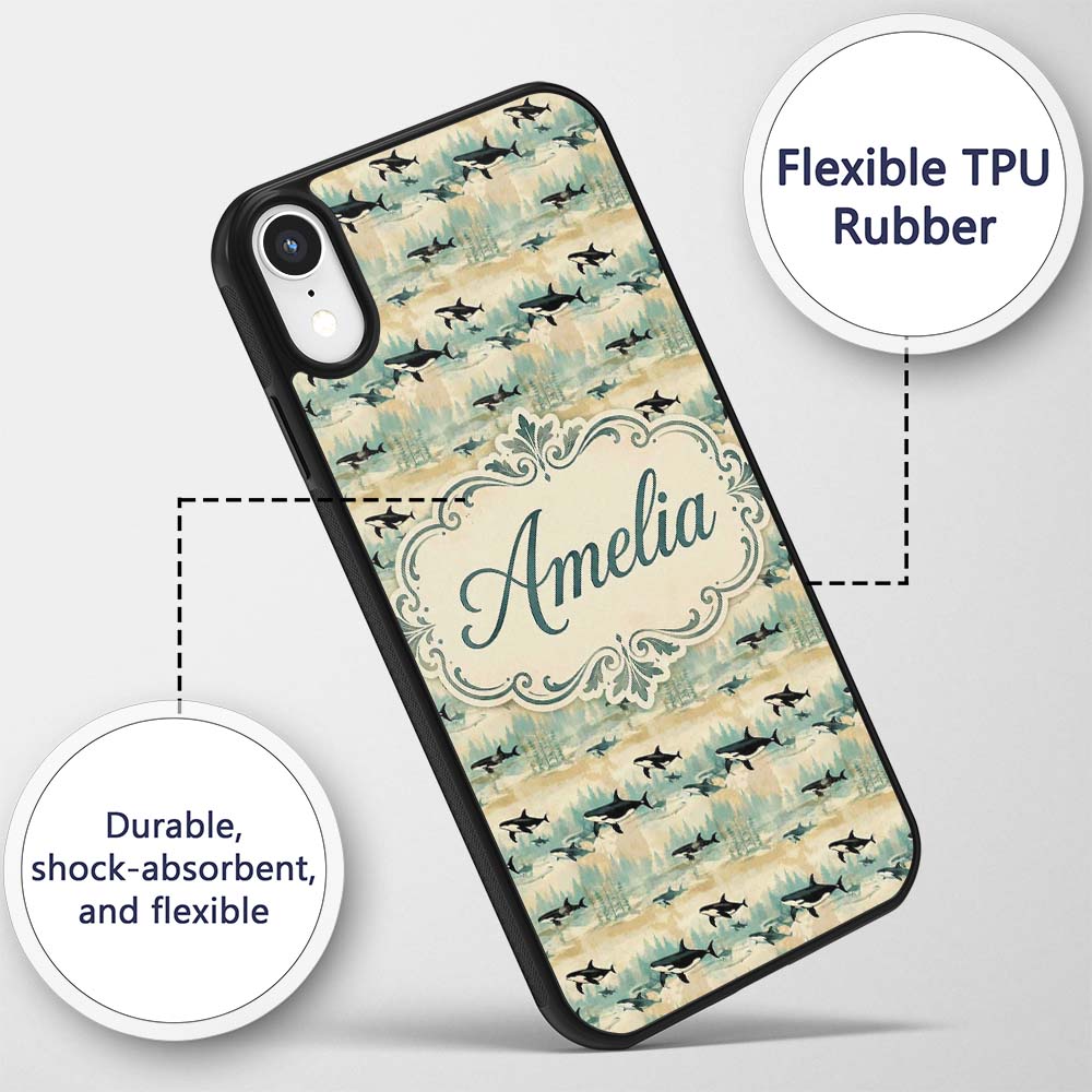Orca Whale River and Woodland Seamless Pattern Custom Name Protective Phone Case Mobile Cover Durable Everyday Smartphone Shock Resistant