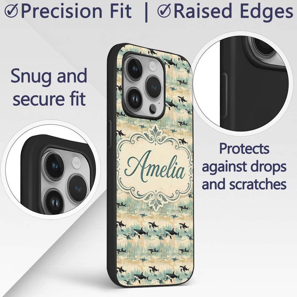 Orca Whale River and Woodland Seamless Pattern Custom Name Protective Phone Case Mobile Cover Durable Everyday Smartphone Shock Resistant
