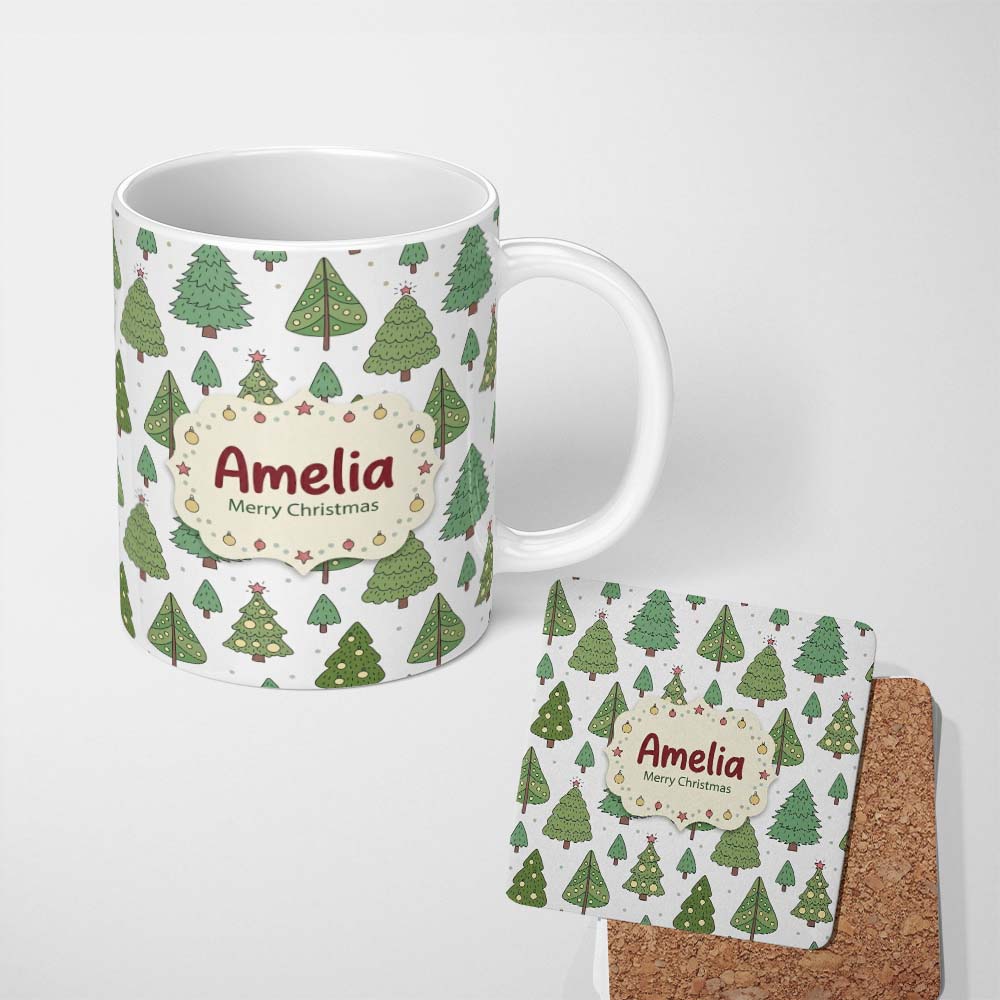 Personalized Custom Name Scandinavian Style Christmas Trees with Ornaments Cute Seamless 11oz Ceramic Coffee Tea Mug White Large Handle