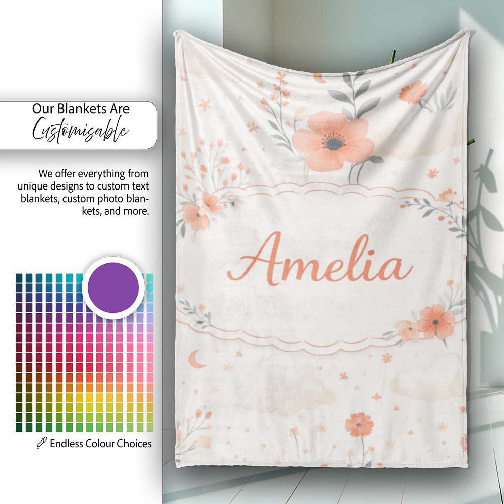 Watercolour Floral Cloud Pattern Soft Peach Tones Cute Unique Gift  Personalised Custom Name Super Soft Fleece Blanket Bed Sofa Throw