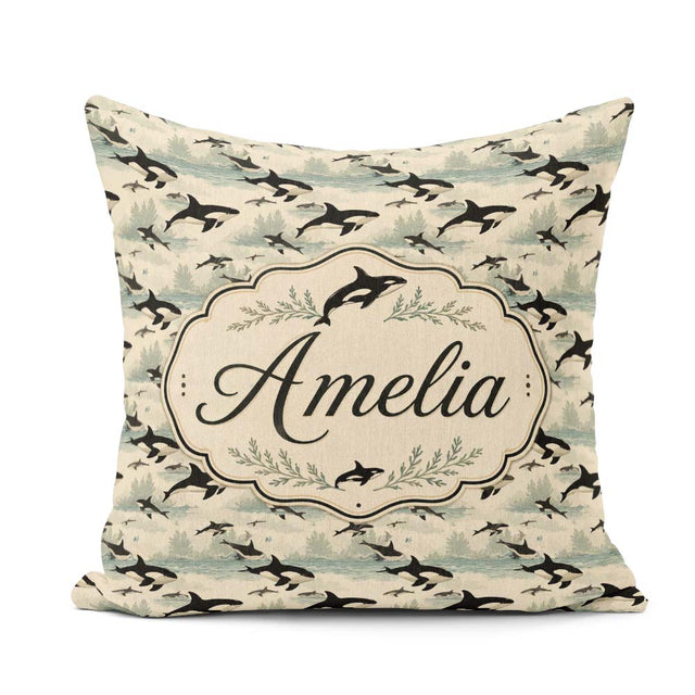 Custom Name Stylised Whale Underwater Seamless Pattern Botanical Square Filled Cushion Throw Pillow Sofa Bed Home Decor Zip Washable UK Made