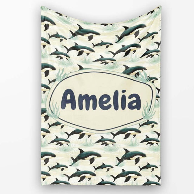 Orca Whale Coastal Landscape Seamless Pattern Ocean Nature Scene  Personalised Custom Name Super Soft Fleece Blanket Bed Sofa Throw