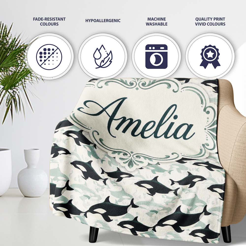 Orca Whale Seamless Pattern Minimal Ocean Marine Design Lovely  Personalised Custom Name Super Soft Fleece Blanket Bed Sofa Throw