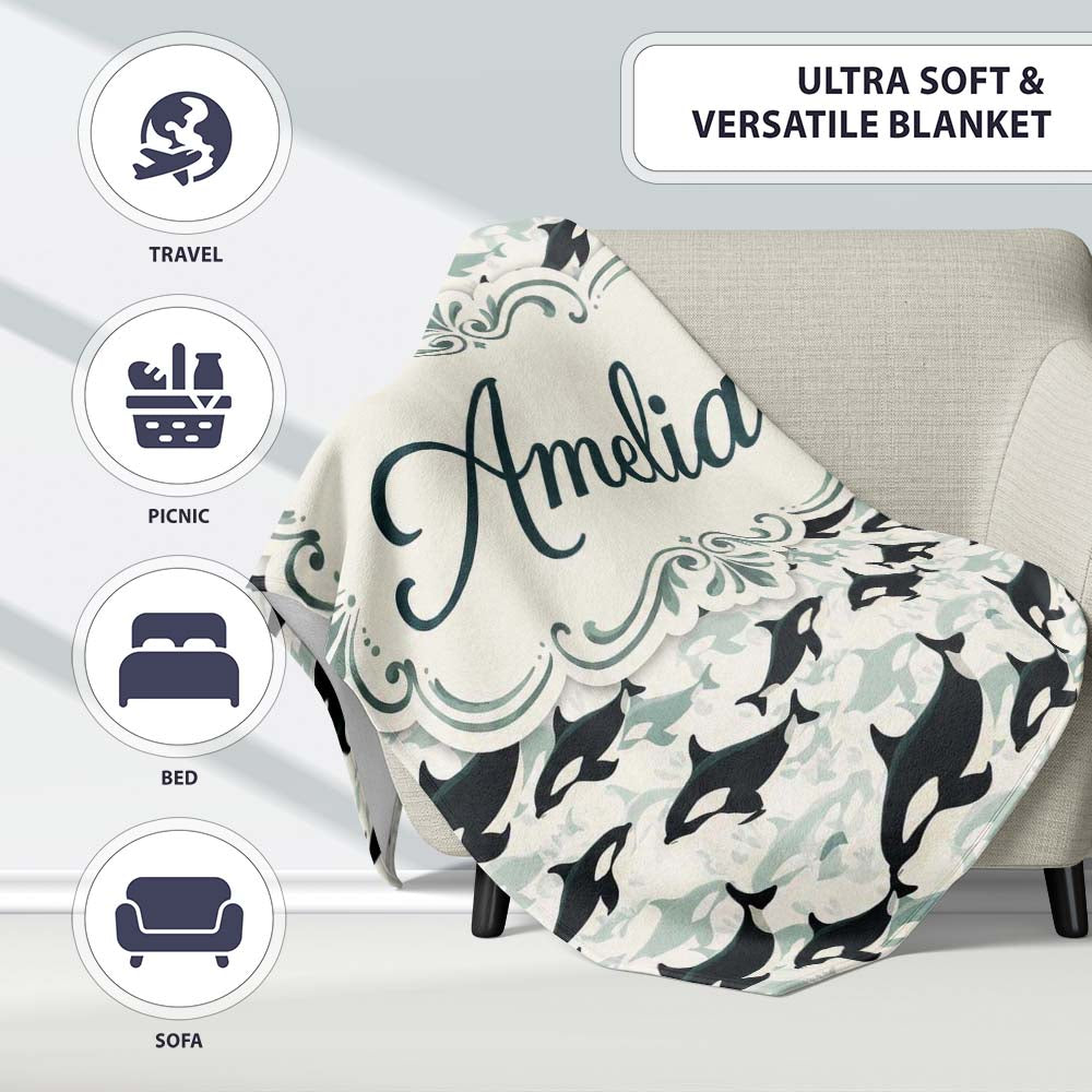 Orca Whale Seamless Pattern Minimal Ocean Marine Design Lovely  Personalised Custom Name Super Soft Fleece Blanket Bed Sofa Throw