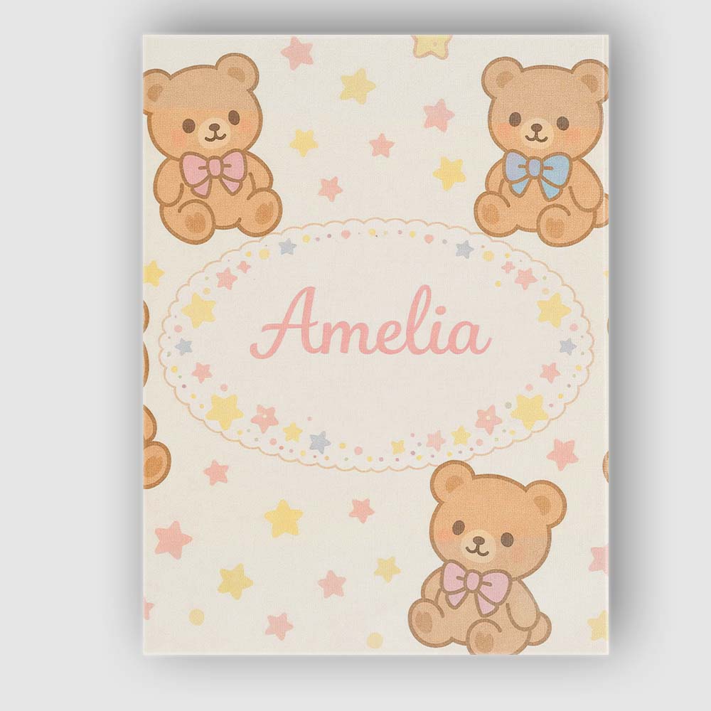 Personalised Name Cute Teddy Bear Bow Cartoon Animal Pattern Beautiful Custom Decorative Canvas Wall Art Print Decor Picture Ready to Hang