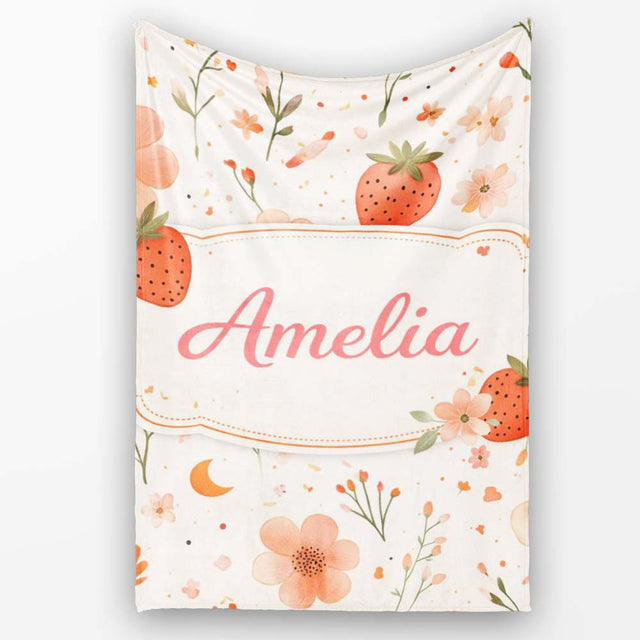 Strawberry and Floral Cute Summer Pattern Charming  Decor  Personalised Custom Name Super Soft Fleece Blanket Bed Sofa Throw