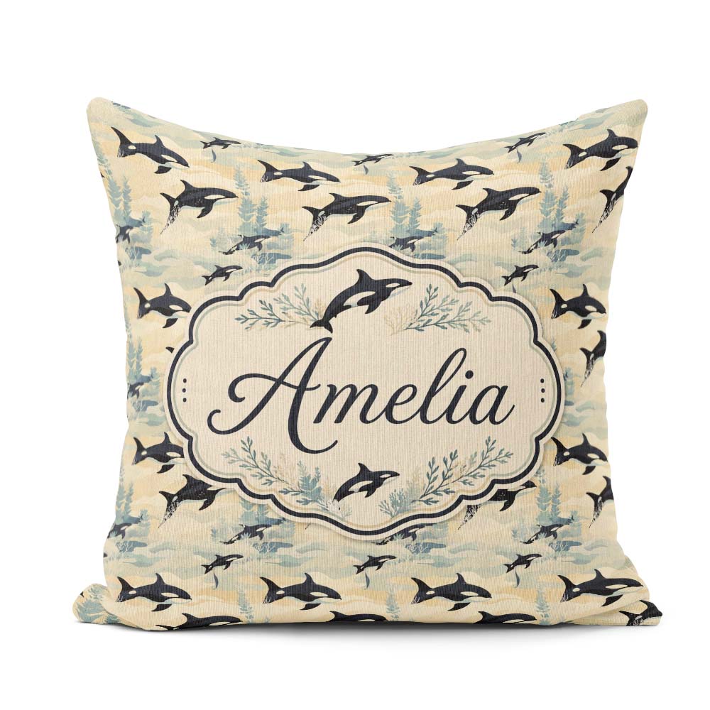 Custom Name Orca Whale Seamless Pattern Soft Ocean Coral Design Square Filled Cushion Throw Pillow Sofa Bed Home Decor Zip Washable UK Made