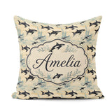 Custom Name Orca Whale Seamless Pattern Soft Ocean Coral Design Square Filled Cushion Throw Pillow Sofa Bed Home Decor Zip Washable UK Made
