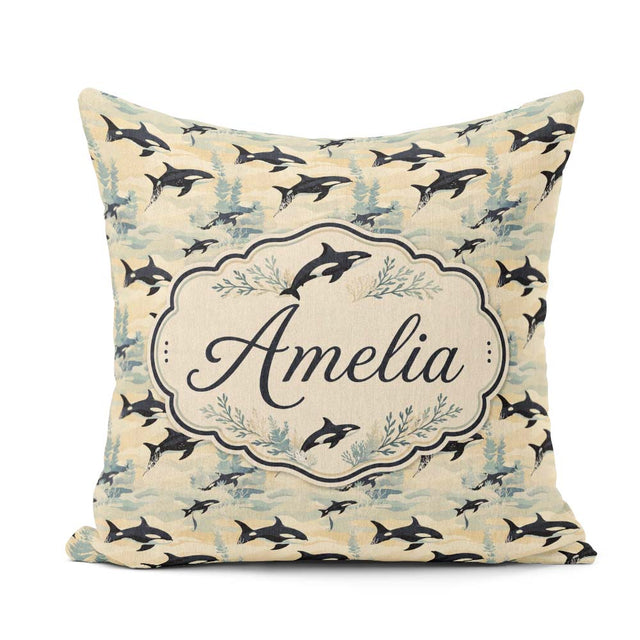 Custom Name Orca Whale Seamless Pattern Soft Ocean Coral Design Square Filled Cushion Throw Pillow Sofa Bed Home Decor Zip Washable UK Made