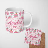 Personalized Custom Name Cute Pink Christmas Baubles Ornament Hanging Seamless Pattern Lovely 11oz Ceramic Coffee Tea Mug White Large Handle