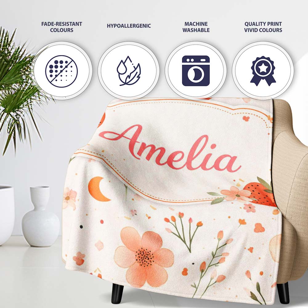 Strawberry and Floral Cute Summer Pattern Charming  Decor  Personalised Custom Name Super Soft Fleece Blanket Bed Sofa Throw